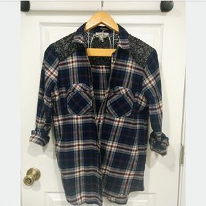 Express Sequins Flannel Button Down Shirt